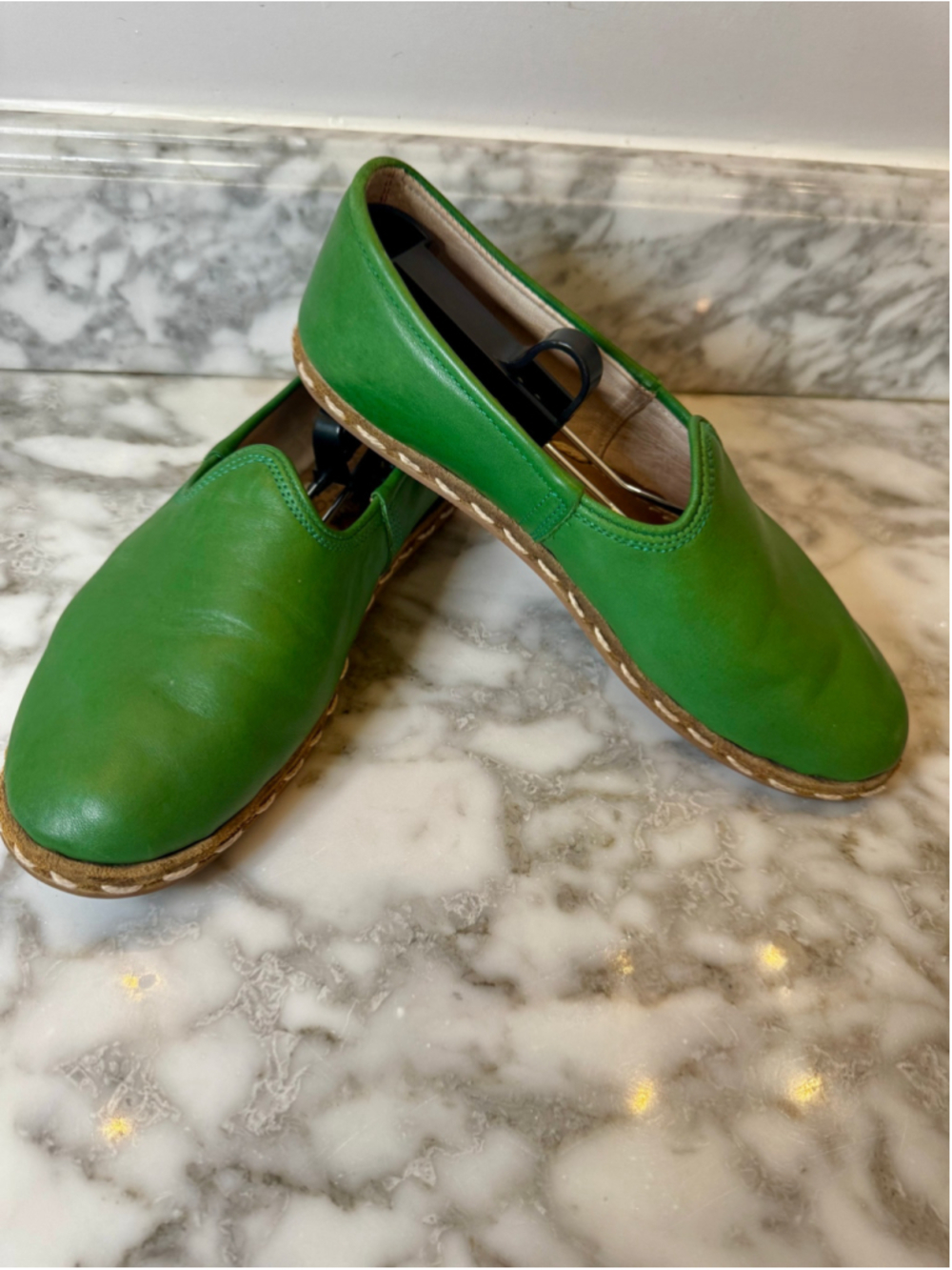 Sabah Women 38 US 7 Green Leather Slip On Shoes Loafers Handmade Turkey